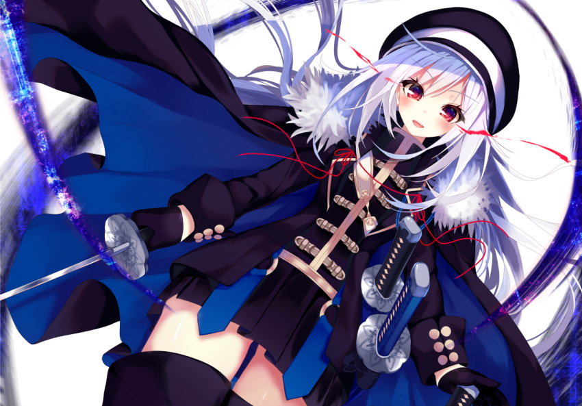 1girl, bangs, black_gloves, black_skirt, boots, buckle, cloak, dual_wielding, dutch_angle, eyebrows_visible_through_hair, gloves, glowing, glowing_eyes, hair_between_eyes, hat, holding, holding_sword, holding_weapon, long_hair, long_sleeves, looking_at_viewer, military, military_hat, military_uniform, nekoboshi_sakko, original, pleated_skirt, red_eyes, simple_background, skirt, solo, sword, thigh-highs, thigh_boots, thighs, uniform, weapon, white_background, white_hair
