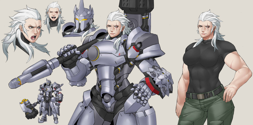 1girl, abs, absurdres, armor, armored_boots, belt, belt_buckle, biceps