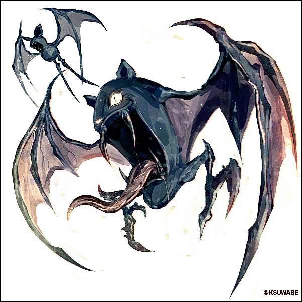 bat_ears, bat_wings, commentary_request, drooling, fangs, flying, glowing, glowing_eyes