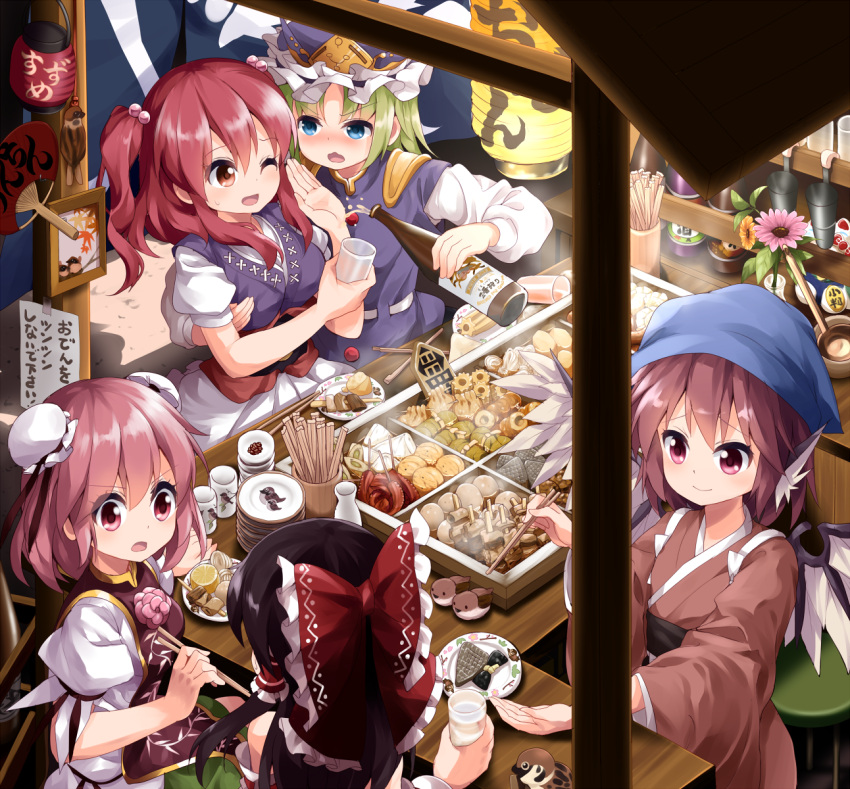 >:o, 5girls, :o, ;d, bird_wings, blue_vest, blush, bottle