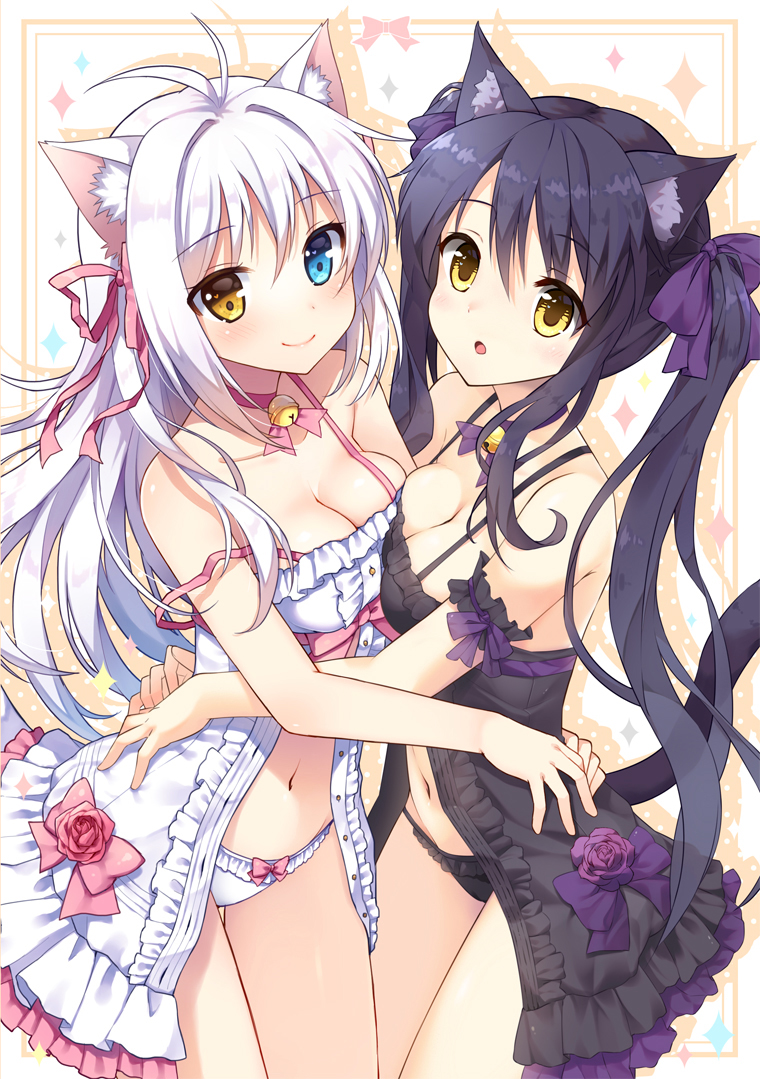 2girls, :o, animal_ears, antenna_hair, asymmetrical_docking, babydoll, bell, bell_choker