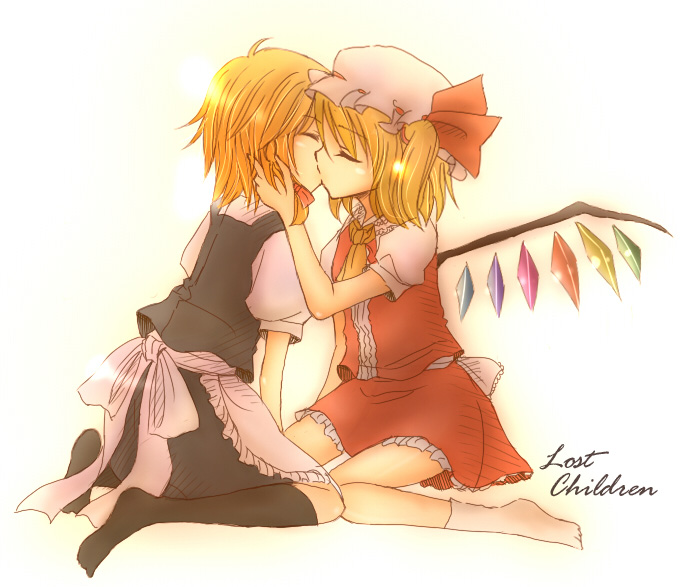 bad_id, blonde_hair, flandre_scarlet, hat, kirisame_marisa, kiss, multiple_girls, nagasawa_(pixiv172331)