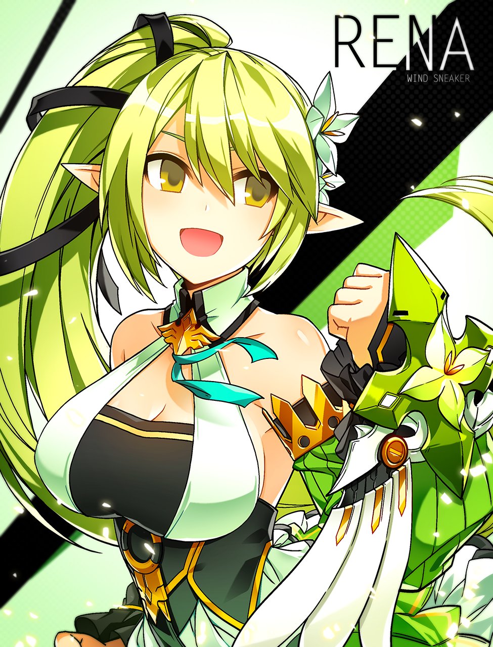 1girl, :d, bare_shoulders, black_ribbon, breasts, character_name, cleavage, collarbone, corset, detached_sleeves, dress, elbow_gloves, elf, elsword, flower, gauntlets, gloves, green_eyes, green_gloves, green_hair, green_skirt, hair_between_eyes, hair_flower, hair_ornament, hair_ribbon, hand_up, highres, hwansang, large_breasts, long_hair, open_mouth, pointy_ears, ponytail, rena_(elsword), ribbon, skirt, smile, solo, wind_sneaker_(elsword), yellow_eyes