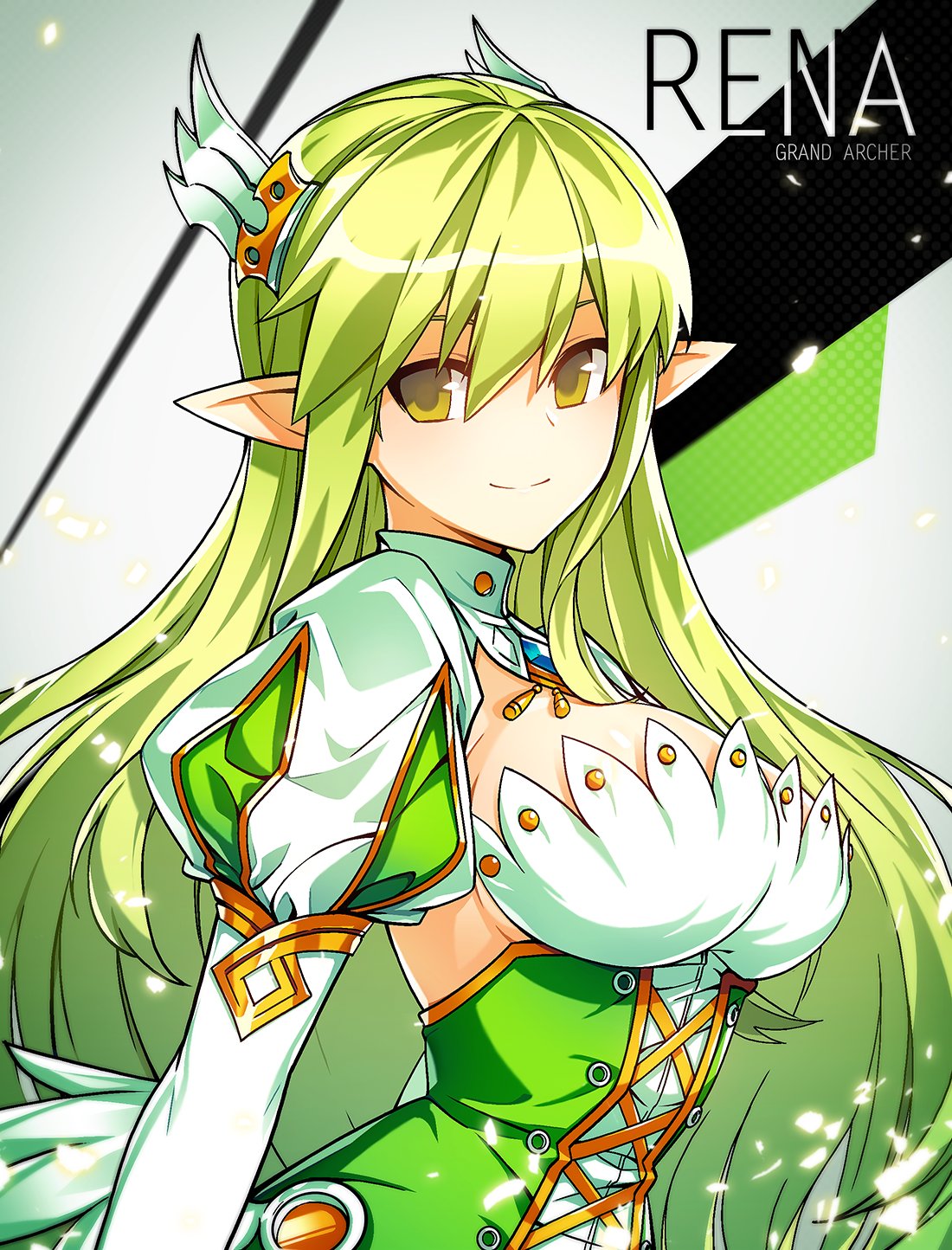 1girl, bangs, breasts, character_name, closed_mouth, corset, cross-laced_clothes, detached_collar