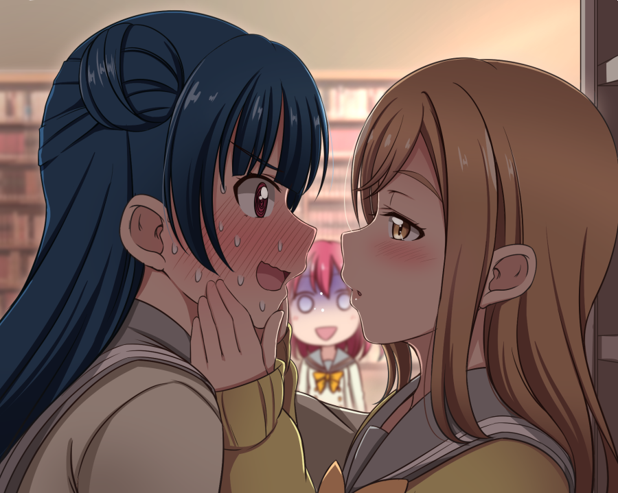 3girls, @_@, background, blue_hair, blush, brown_eyes, brown_hair, commentary