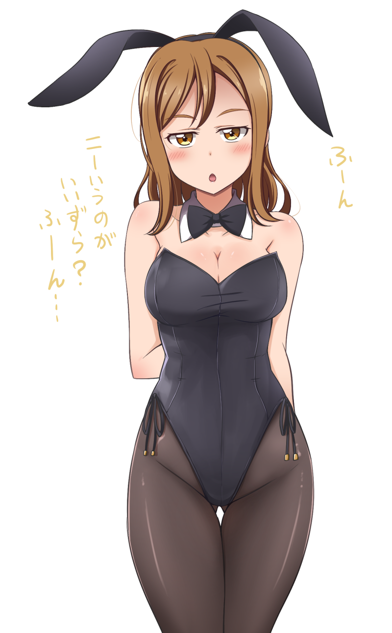 1girl, animal_ears, bow, bowtie, breasts, brown_eyes, brown_hair, bunnysuit