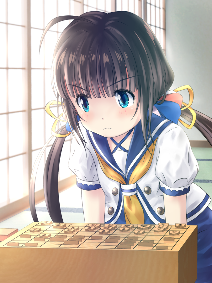 1girl, ahoge, black_hair, blue_eyes, blush, board_game, commentary_request, concentrating