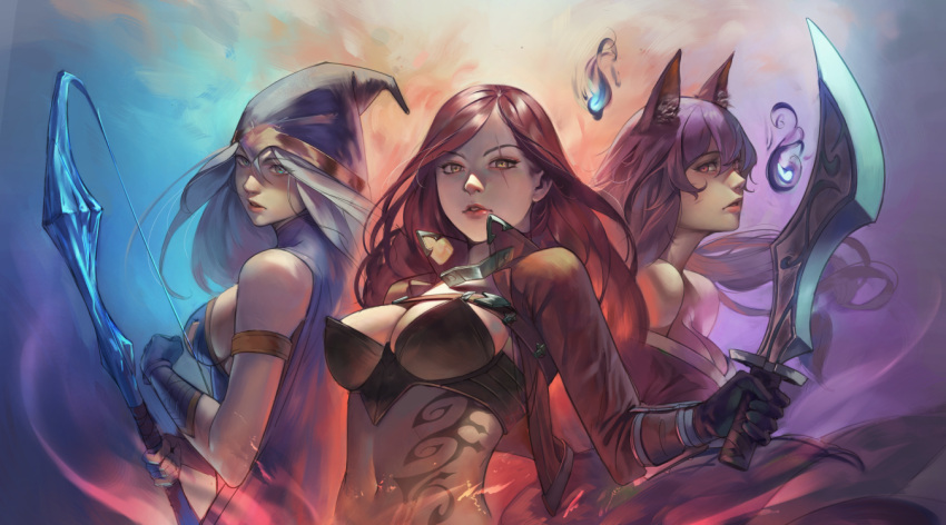 3girls, ahri, ashe_(league_of_legends), bare_shoulders, black_hair, blade, blue_eyes, bow_(weapon)