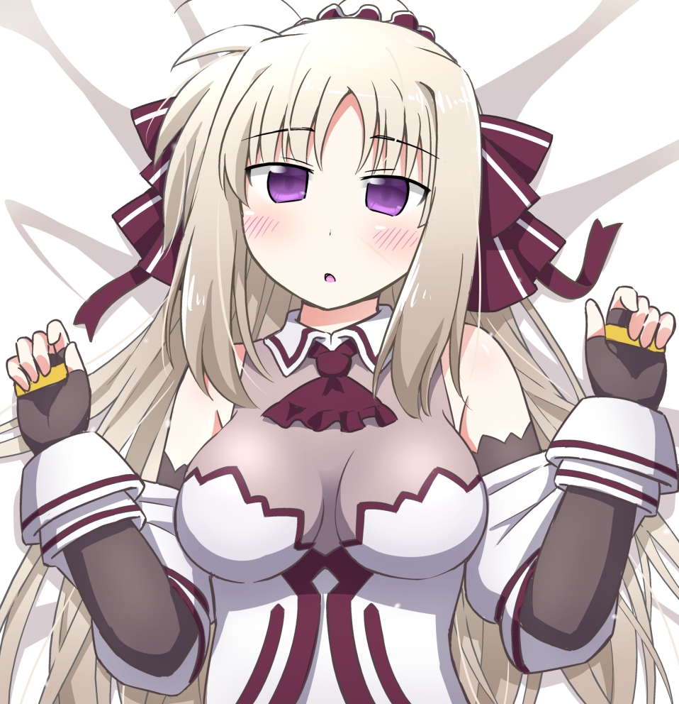 1girl, bare_shoulders, black_gloves, blonde_hair, bow, breasts, cleavage, elbow_gloves