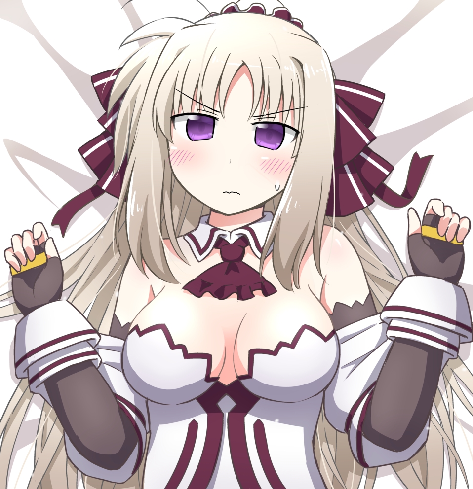 1girl, bare_shoulders, black_gloves, blonde_hair, bow, breasts, cleavage, elbow_gloves, fingerless_gloves, gloves, hair_bow, long_hair, looking_at_viewer, lying, lyrical_nanoha, on_back, rainbowcard, rinne_berlinetta, solo, violet_eyes, vivid_strike!, wavy_mouth