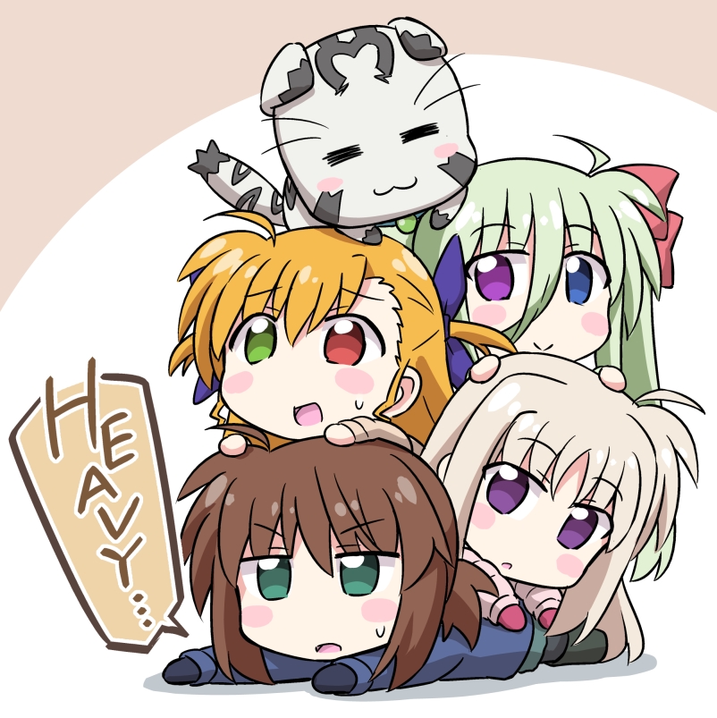 4girls, :3, =_=, ahoge, blush_stickers, bow, brown_hair, dogpile