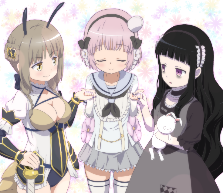 3girls, bags_under_eyes, bangs, black_hair, blush, breasts, brown_eyes, cleavage