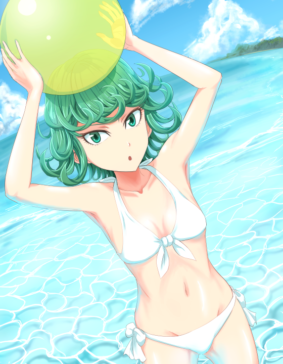 1girl, :o, ball, beachball, bikini, blue_sky, breasts, clouds