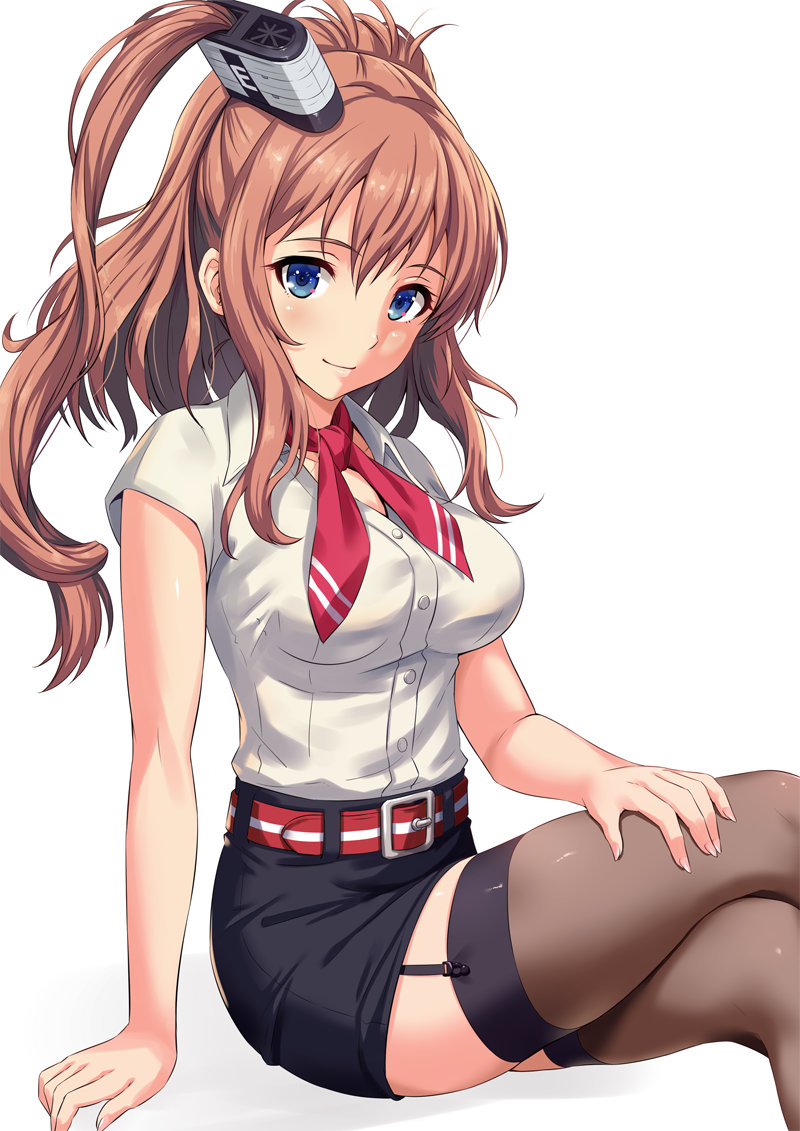 1girl, alternate_costume, belt_buckle, black_legwear, blouse, blue_eyes, blue_skirt, blush