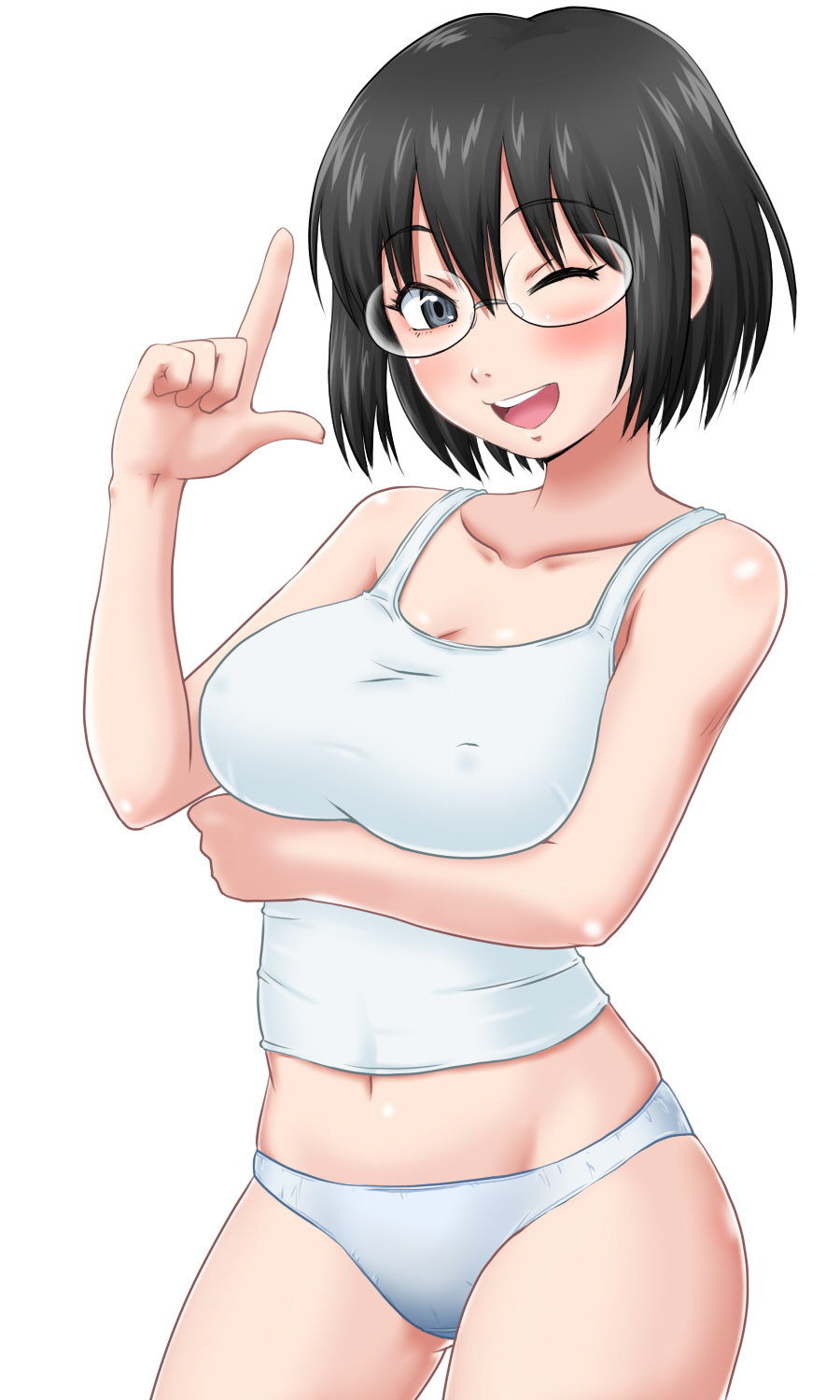 1girl, black_hair, breasts, cleavage, collarbone, erect_nipples, glasses, goriate, grey_eyes, groin, highres, index_finger_raised, large_breasts, navel, one_eye_closed, open_mouth, panties, shibito_no_koe_wo_kiku_ga_yoi, shikino_(shibito_no_koe_wo_kiku_ga_yoi), shiny, shiny_skin, smile, solo, tank_top, underwear, white_panties