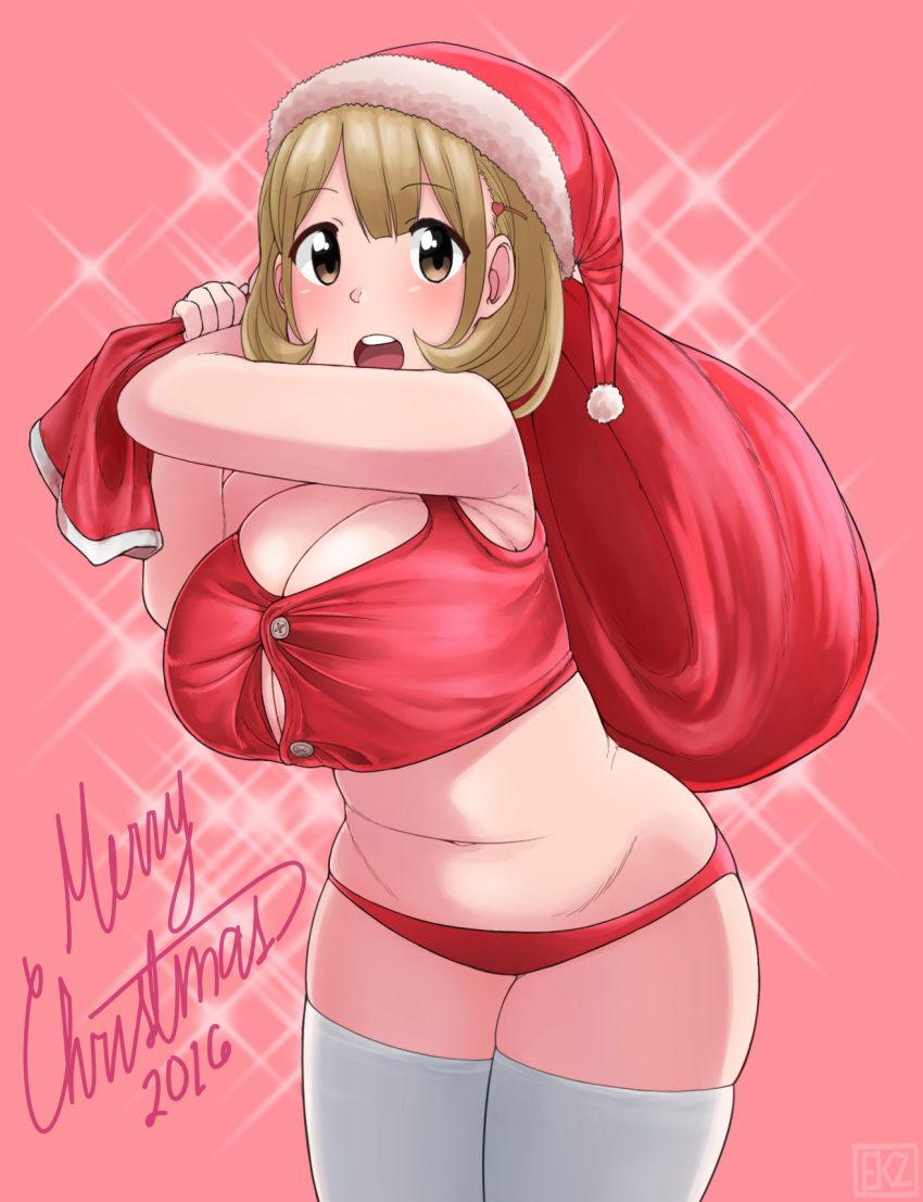 1girl, 2016, belly, breasts, brown_eyes, brown_hair, christmas, cleavage