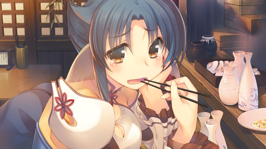 1girl, amazuyu_tatsuki, animal_ears, atui_(utawareru_mono), blue_hair, brown_eyes, game_cg, holding_chopsticks
