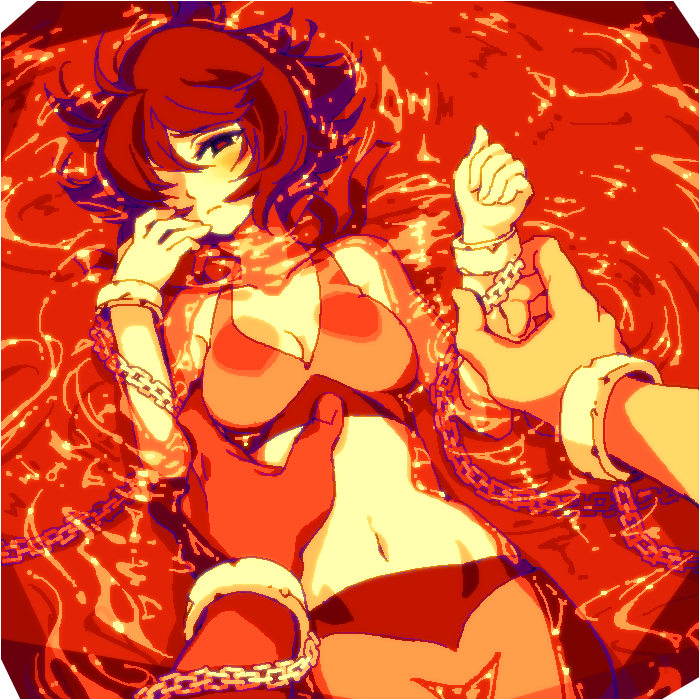 1girl, breasts, chained_wrists, chains, cleavage, dokur01, female, hair_over_one_eye