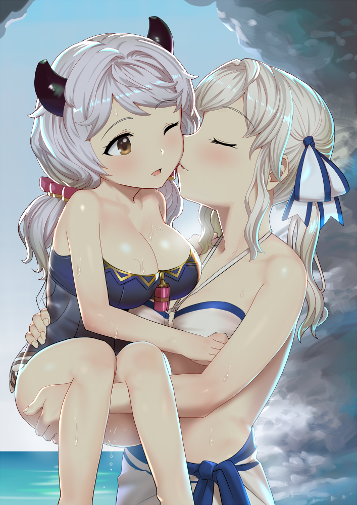 2girls, ;d, bare_arms, bare_legs, bare_shoulders, bikini, black_swimsuit, blush