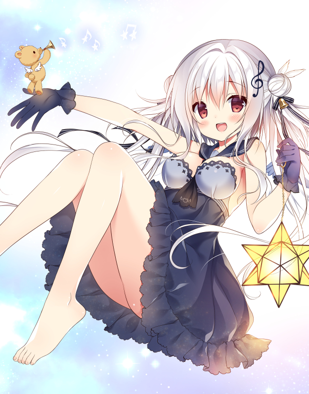 1girl, :d, angel, angel_wings, bangs, beamed_quavers, bell, between_breasts, black_dress, black_gloves, black_ribbon, blush, breasts, brown_eyes, cleavage, double_bun, dress, eyebrows_visible_through_hair, frilled_dress, frills, futaba_miwa, gloves, hair_between_eyes, holding, holding_lantern, instrument, knees_together_feet_apart, lantern, long_hair, looking_at_viewer, medium_breasts, mismatched_gloves, musical_note, necktie, necktie_between_breasts, open_mouth, original, outstretched_arm, purple_glove, purple_gloves, quaver, ribbon, sailor_collar, sailor_dress, smile, solo, striped, striped_ribbon, stuffed_animal, stuffed_toy, teddy_bear, teeth, thighs, toes, treble_clef, trumpet, white_hair, wings