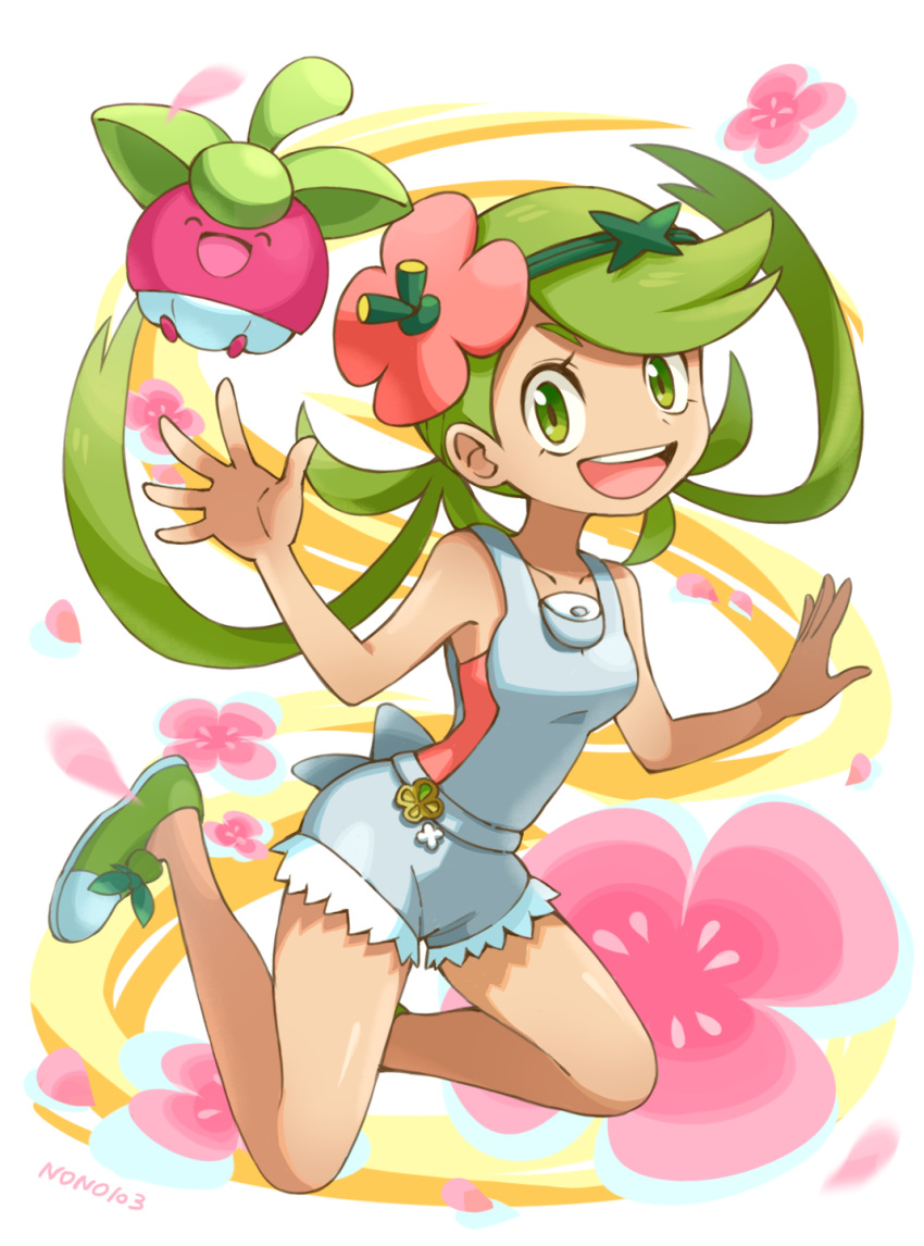 1girl, :d, ^_^, bare_arms, bare_shoulders, bounsweet, breasts, closed_eyes