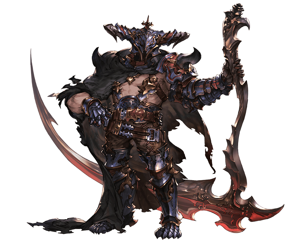 1boy, abs, armor, armored_boots, belt, boots, cape, doraf, full_body, gloves, granblue_fantasy, helmet, horns, male_focus, mask, minaba_hideo, official_art, scythe, shirtless, simple_background, solo, vaseraga, white_background