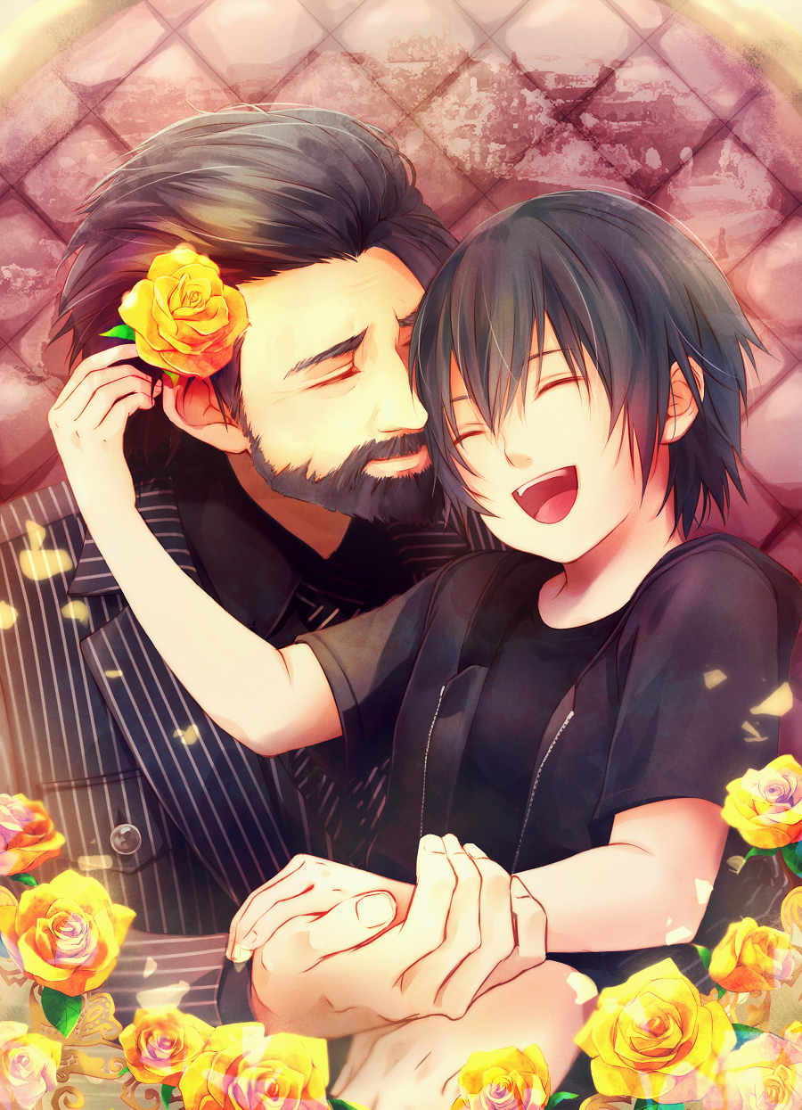 2boys, akirakarin, beard, black_hair, child, facial_hair, father_and_son, final_fantasy