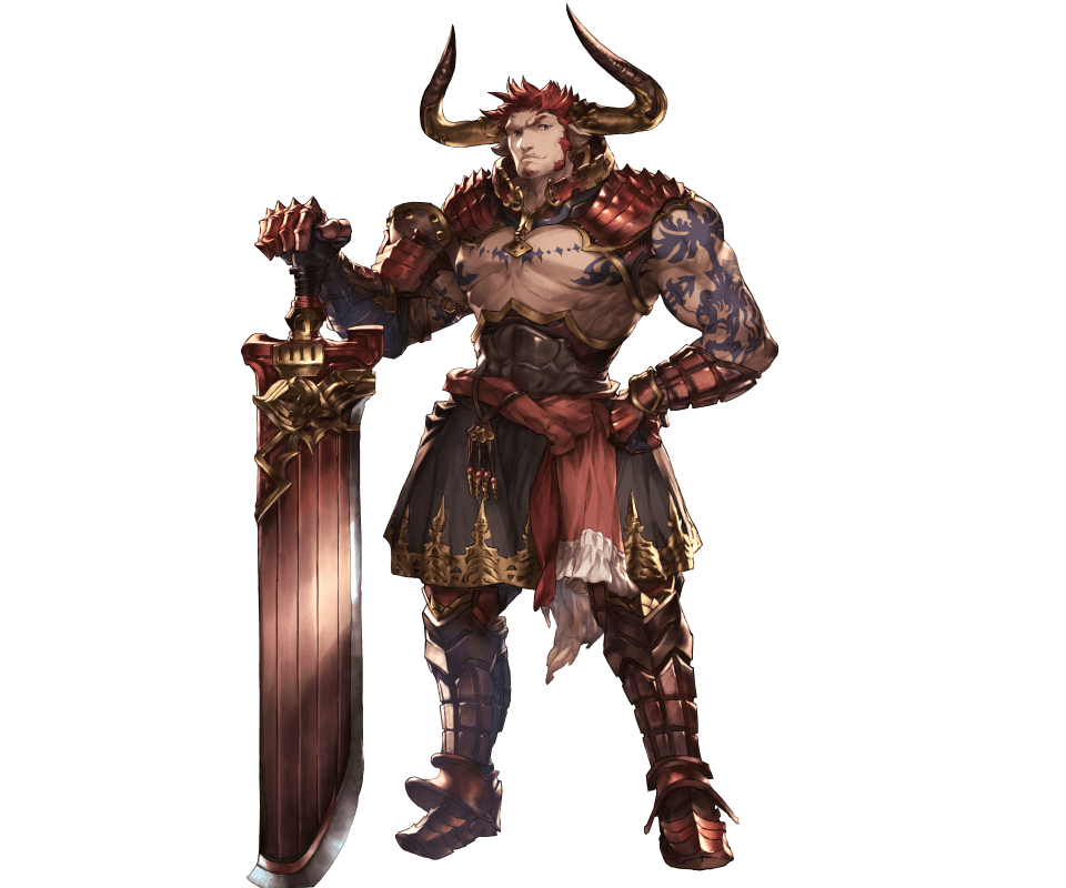 1boy, agielba, animal_ears, armor, armored_boots, beard, boots, facial_hair, gloves, granblue_fantasy, horns, minaba_hideo, official_art, shirtless, simple_background, solo, sword, tattoo, weapon, white_background