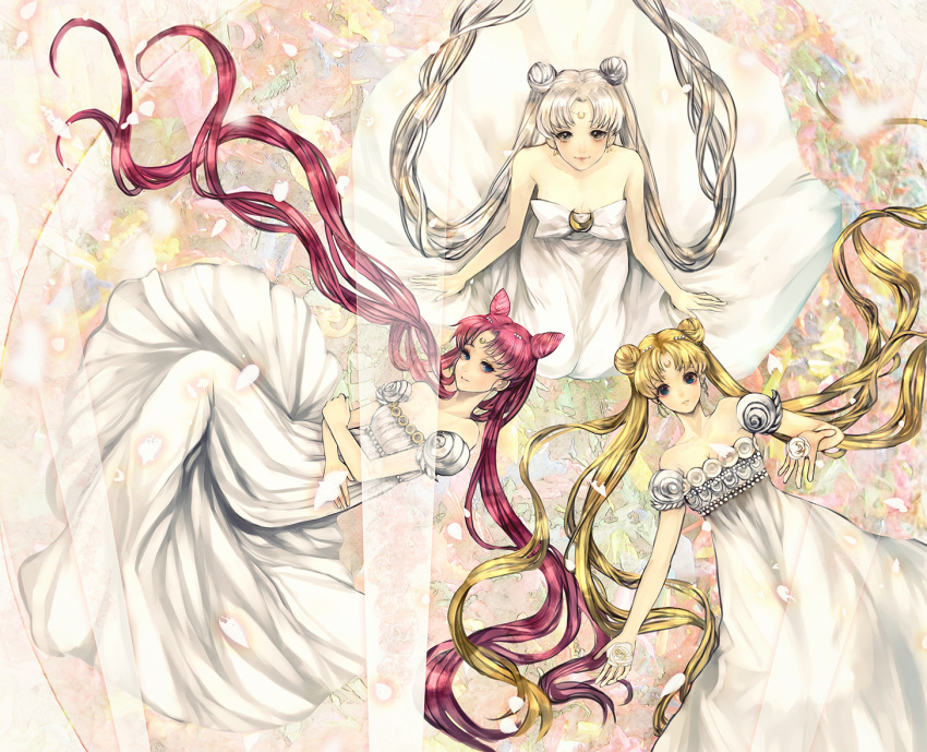 3girls, bishoujo_senshi_sailor_moon, blonde_hair, chibi_usa, double_bun, dress, facial_mark, family, forehead_mark, hana_(asml30), long_hair, looking_at_viewer, mother_and_daughter, multiple_girls, pink_hair, princess_serenity, queen_serenity, silver_hair, small_lady_serenity, tsukino_usagi, very_long_hair, white_dress