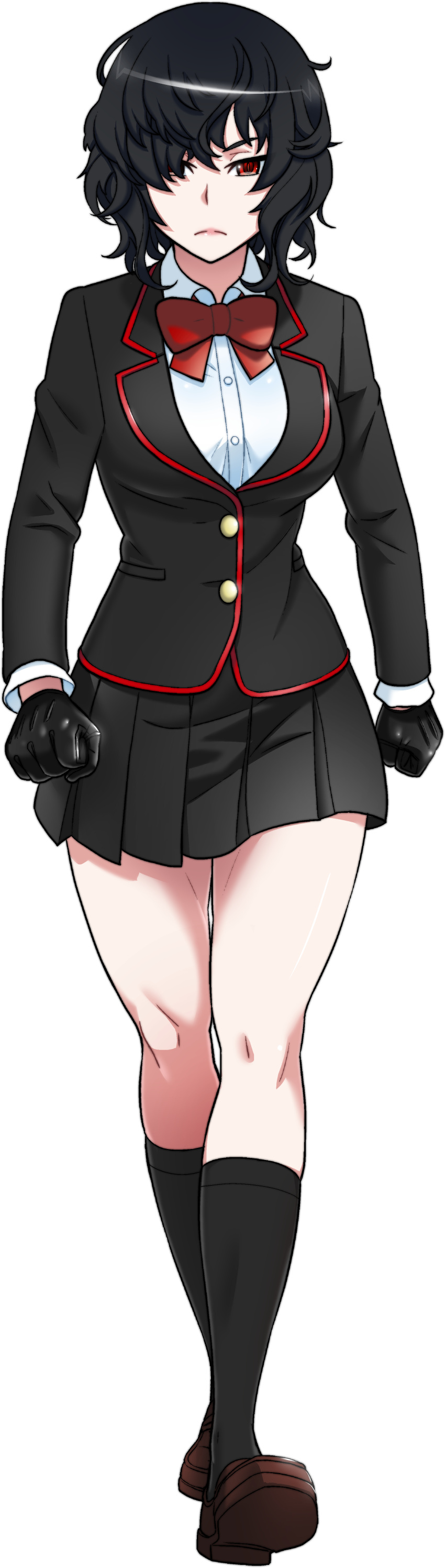 1girl, absurdres, black_gloves, black_hair, black_legwear, black_skirt, blazer, bow, breasts, brown_shoes, buttons, clenched_hands, female, frown, gloves, hair_over_one_eye, highres, jacket, kjech, kneehighs, loafers, looking_at_viewer, medium_breasts, messy_hair, nemesis-chan, pleated_skirt, red_eyes, school_uniform, serious, shirt, shoes, short_hair, simple_background, skirt, solo, white_background, white_shirt, yandere_simulator