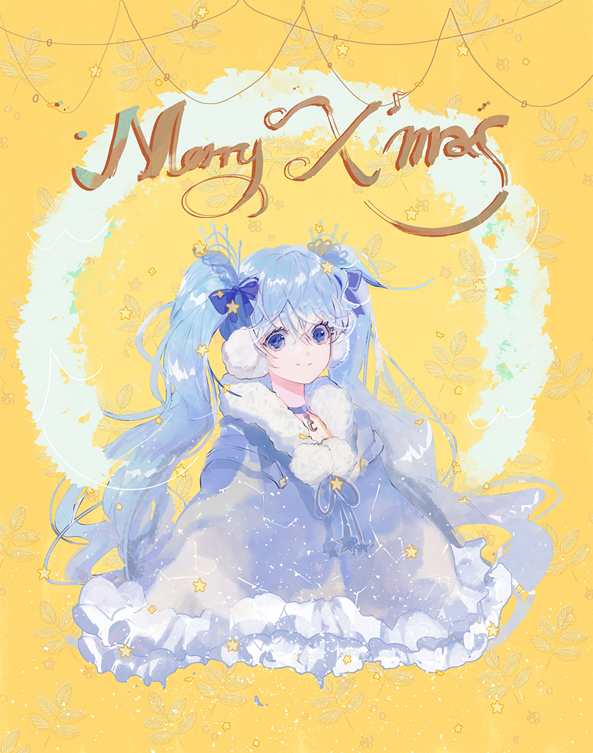 1girl, blue_eyes, blue_hair, blue_ribbon, choker, christmas, closed_mouth, constellation