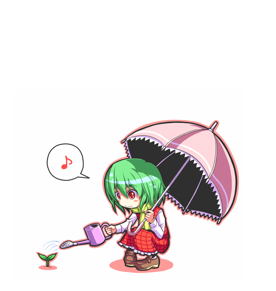 bad_id, blush_stickers, chibi, green_hair, kazami_yuuka, loafers, musical_note, musical_notes, parasol, plaid, plaid_skirt, plaid_vest, plant, plants, red_eyes, saya_(sayamendo), scarf, shoes, short_hair, simple_background, skirt, skirt_set, smile, speech_bubble, spoken_musical_note, squat, squatting, touhou, umbrella, watering_can, white_background
