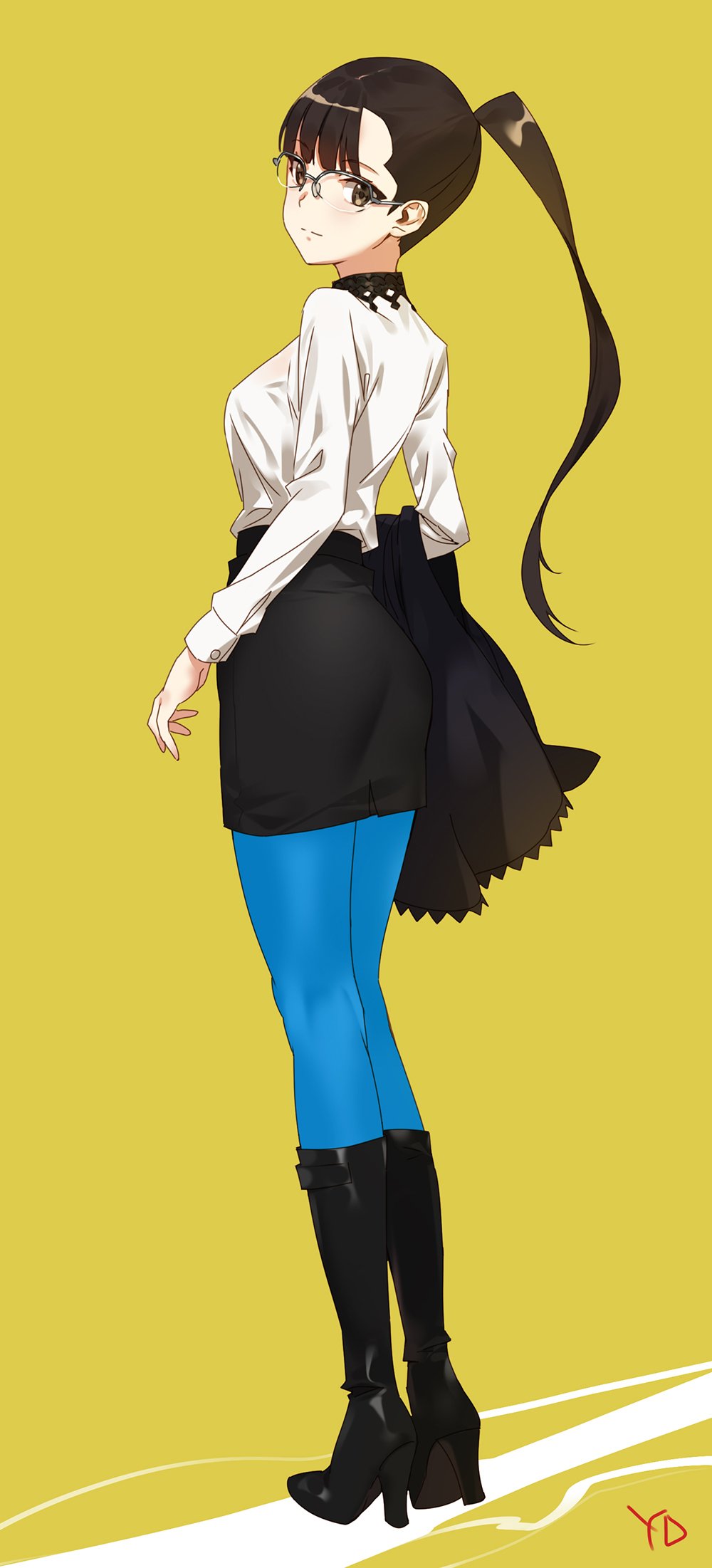 1girl, blue_legwear, boots, brown_eyes, brown_hair, glasses, high_heel_boots, high_heels