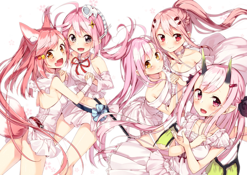 5girls, :>, :d, ahoge, animal_ears, arms_at_sides, bangs, bare_shoulders, belt, black_ribbon, blush, braid, breasts, brown_eyes, cleavage, collar, collarbone, criss-cross_halter, detached_collar, detached_sleeves, dress, eyebrows_visible_through_hair, fang_out, floral_background, forehead, fox_ears, fox_girl, fox_tail, frilled_collar, frills, grey_eyes, hair_between_eyes, hair_ornament, hairclip, halter_top, halterneck, hand_holding, hand_on_own_chest, hand_up, hoshino_(sakuragi_ren), interlocked_fingers, katana, lace, lace-trimmed_dress, long_hair, looking_at_viewer, medium_breasts, midriff, miniskirt, multiple_girls, navel, oni_horns, open_mouth, original, pink_eyes, pink_hair, pointy_ears, ponytail, red_eyes, rei_(sakuragi_ren), ribbon, sakura_mochi_(sakuragi_ren), sakuragi_ren, sheath, sheathed, shiiha_(sakuragi_ren), shirt, short_dress, sideboob, simple_background, skirt, skull_hair_ornament, sleeveless, sleeveless_shirt, smile, sword, tail, tamako_(sakuragi_ren), teeth, twintails, two_side_up, very_long_hair, weapon, white_background, white_dress, white_skirt, yellow_eyes