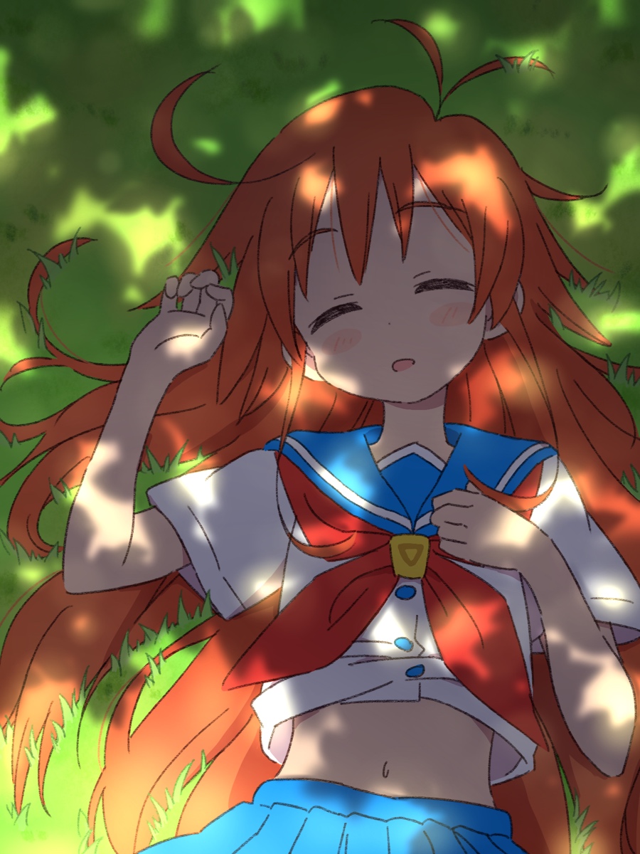 1girl, ahoge, blue_skirt, blush, blush_stickers, closed_eyes, dappled_sunlight, eyebrows_visible_through_hair, flip_flappers, grass, hair_spread_out, highres, ikzw, long_hair, lying, midriff, navel, neckerchief, on_back, open_mouth, orange_hair, papika_(flip_flappers), parted_lips, red_neckerchief, school_uniform, serafuku, shade, short_sleeves, skirt, sleeping, solo, sunlight