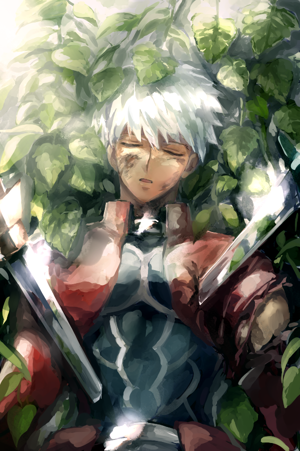 1boy, archer, bruise, bush, closed_eyes, commentary_request, dark_skin, dark_skinned_male