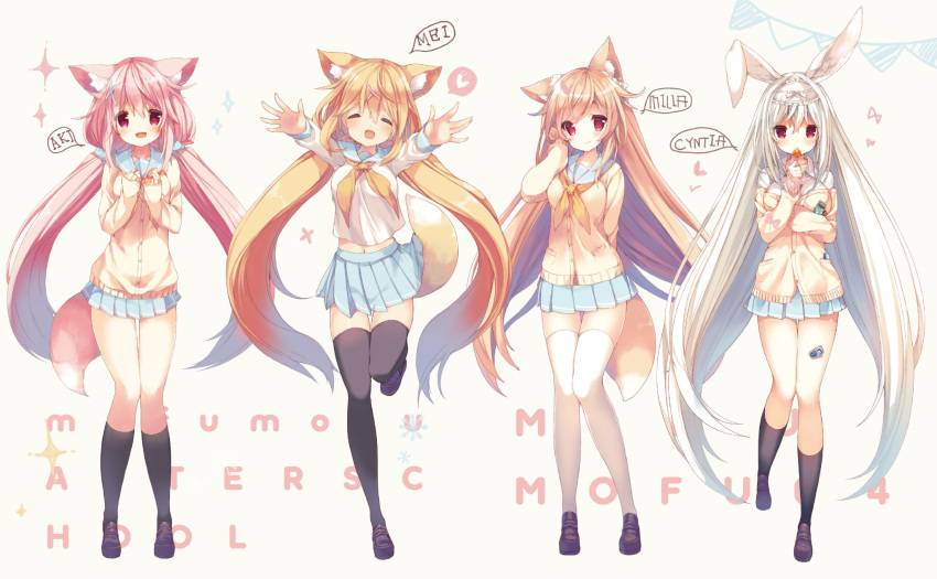 4girls, ^_^, amamiya_aki, animal_ears, black_legwear, blonde_hair, blue_skirt, blush