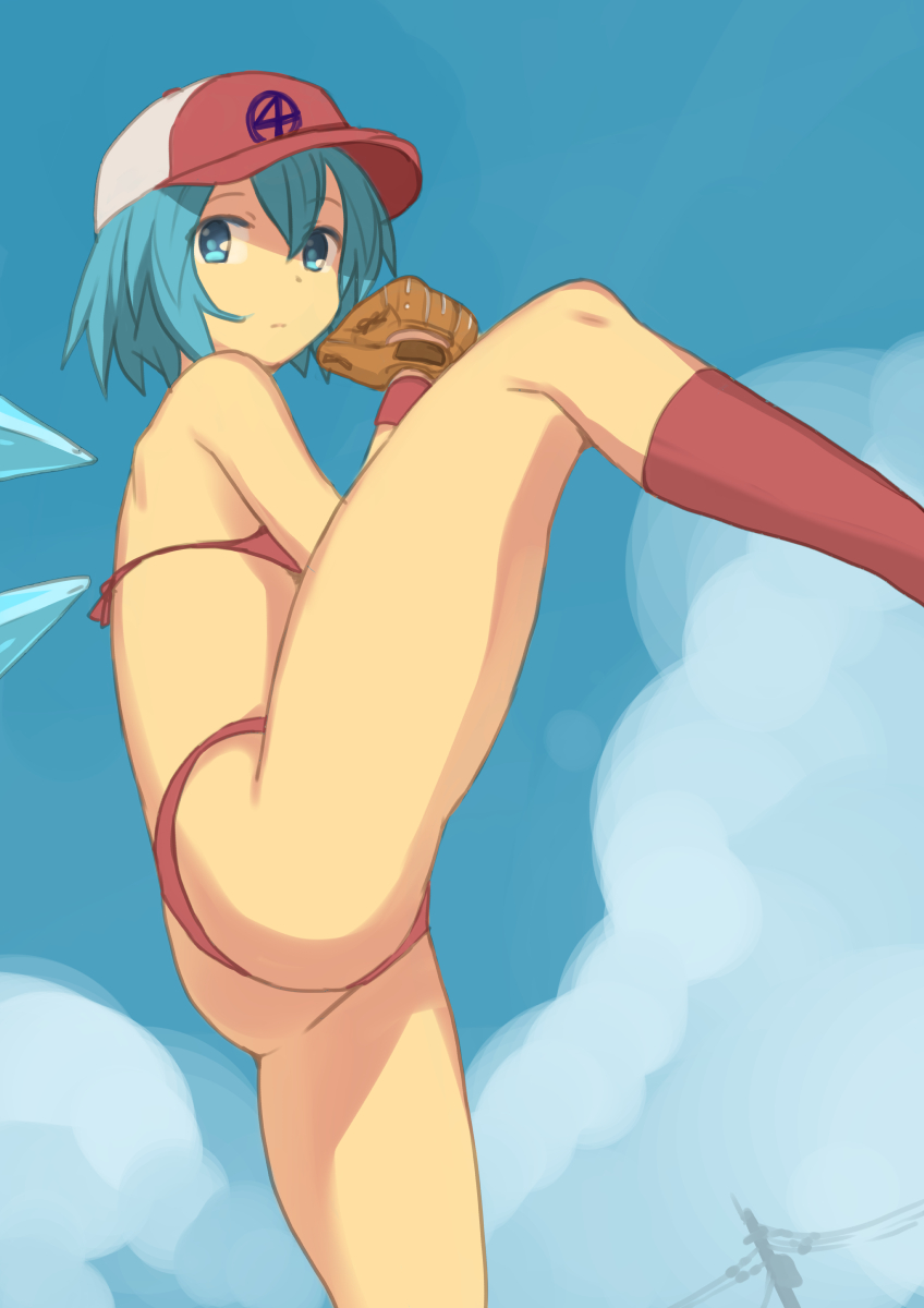 1girl, alternate_costume, ass, baseball, baseball_glove, bikini, blue_eyes, blue_hair, blue_sky, cirno, clouds, day, hat, highres, leg_up, looking_at_viewer, matching_hair/eyes, nishi_tanuki, red_bikini, short_hair, sky, socks, solo, standing, standing_on_one_leg, swimsuit, thong, touhou, wings