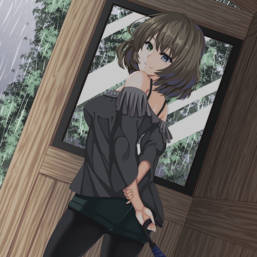 1girl, bare_shoulders, blue_eyes, brown_hair, dutch_angle, fosamaguna, fringe, green_eyes
