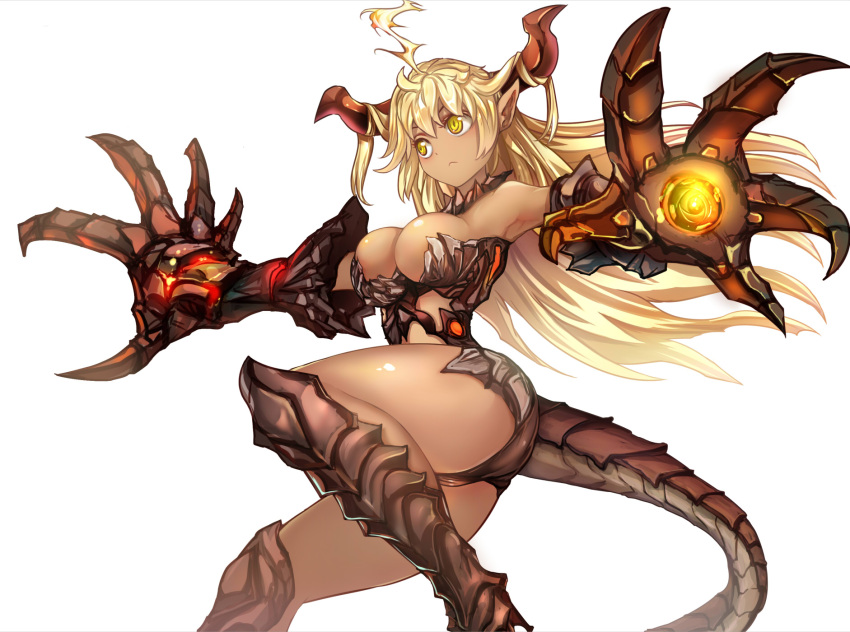 1girl, blonde_hair, breasts, claws, dark_skin, highres, horns, medium_breasts