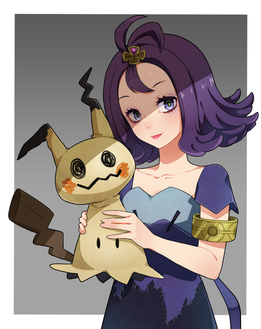 1girl, :p, acerola_(pokemon), antenna_hair, armlet, collarbone, dress, eyelashes, gradient, gradient_background, hair_ornament, hairclip, head_tilt, highres, holding, looking_at_viewer, mimikyu_(pokemon), pokemon, pokemon_(creature), pokemon_(game), pokemon_sm, purple_dress, purple_hair, ram_(ramlabo), shadow, short_hair, short_sleeves, smile, stitches, tongue, tongue_out, trial_captain, upper_body, violet_eyes