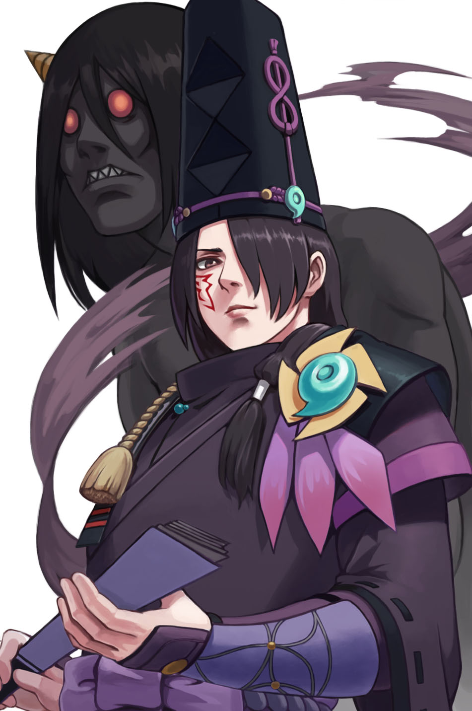 2boys, armor, beads, bei_ju_luoxuan_wan, black_hair, black_skin, brown_eyes, character_request