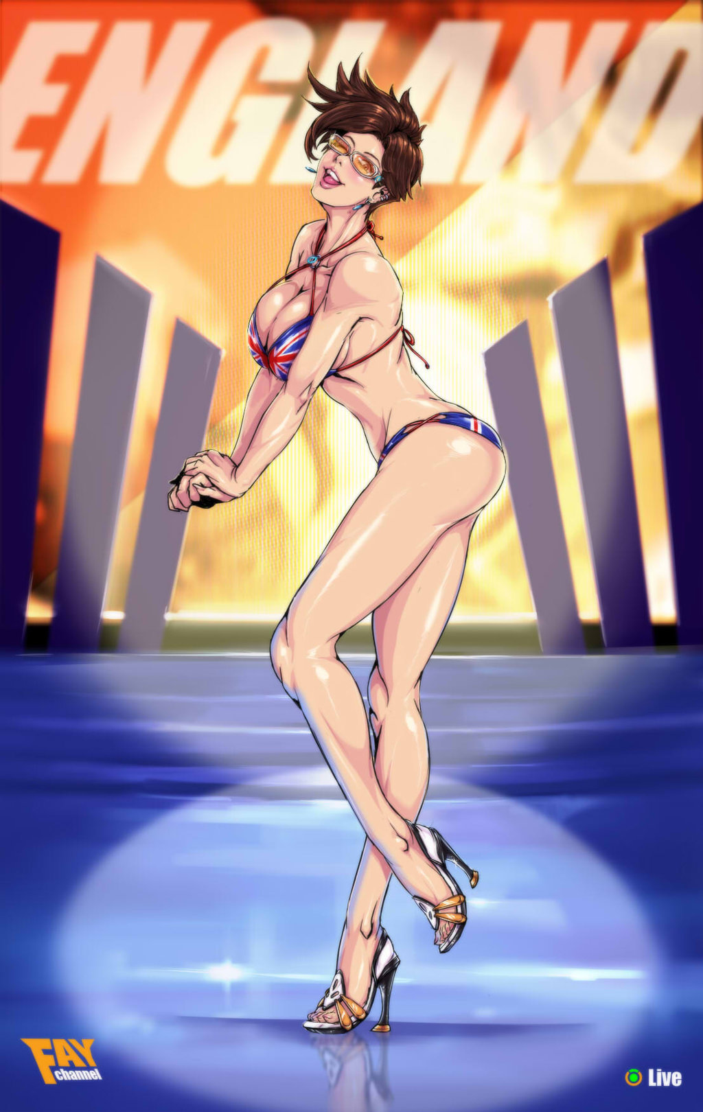 1girl, ;d, artist_name, bangs, bare_shoulders, bikini, breasts, brown_eyes