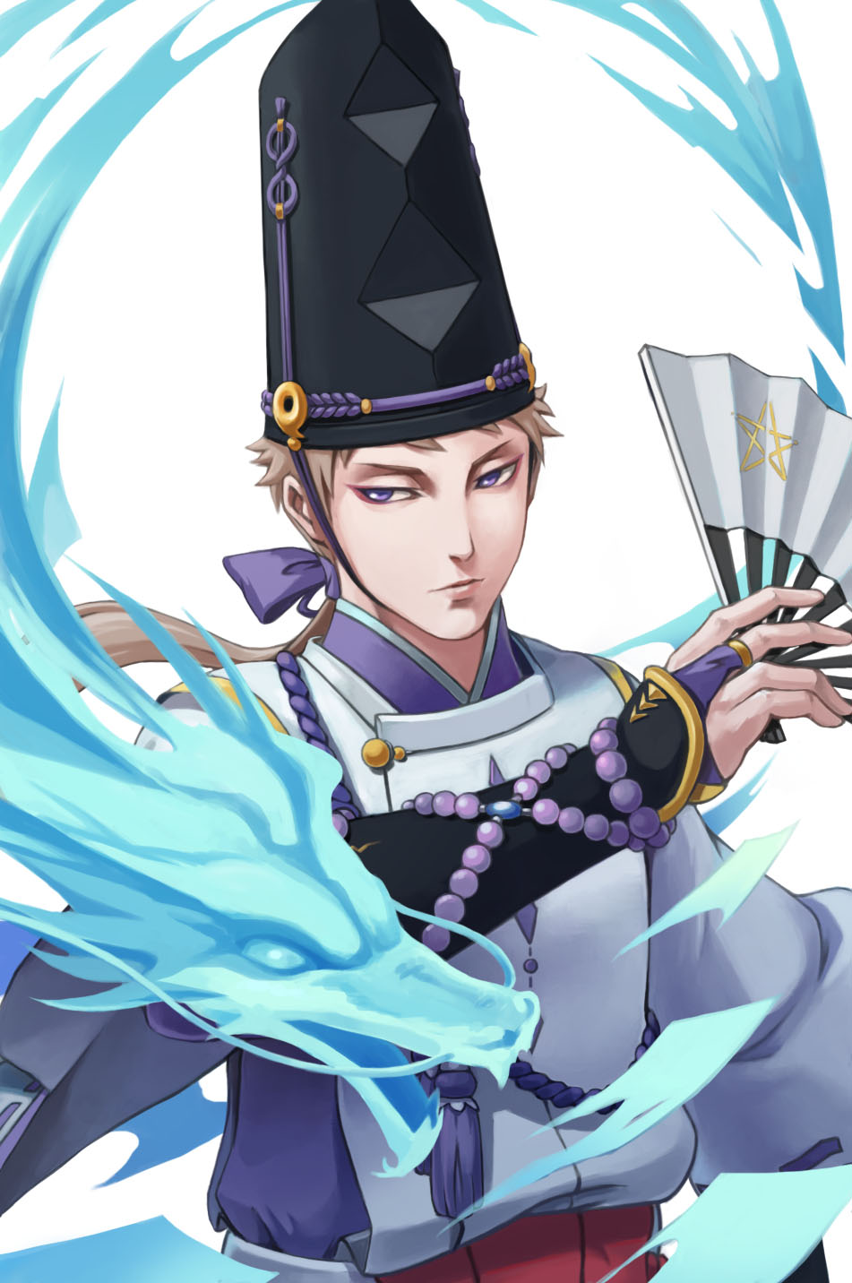 1boy, abe_no_seimei_(onmyoji), abe_no_seimei_(onmyoji)_(cosplay), armor, bangs, beads, bei_ju_luoxuan_wan, black_hat