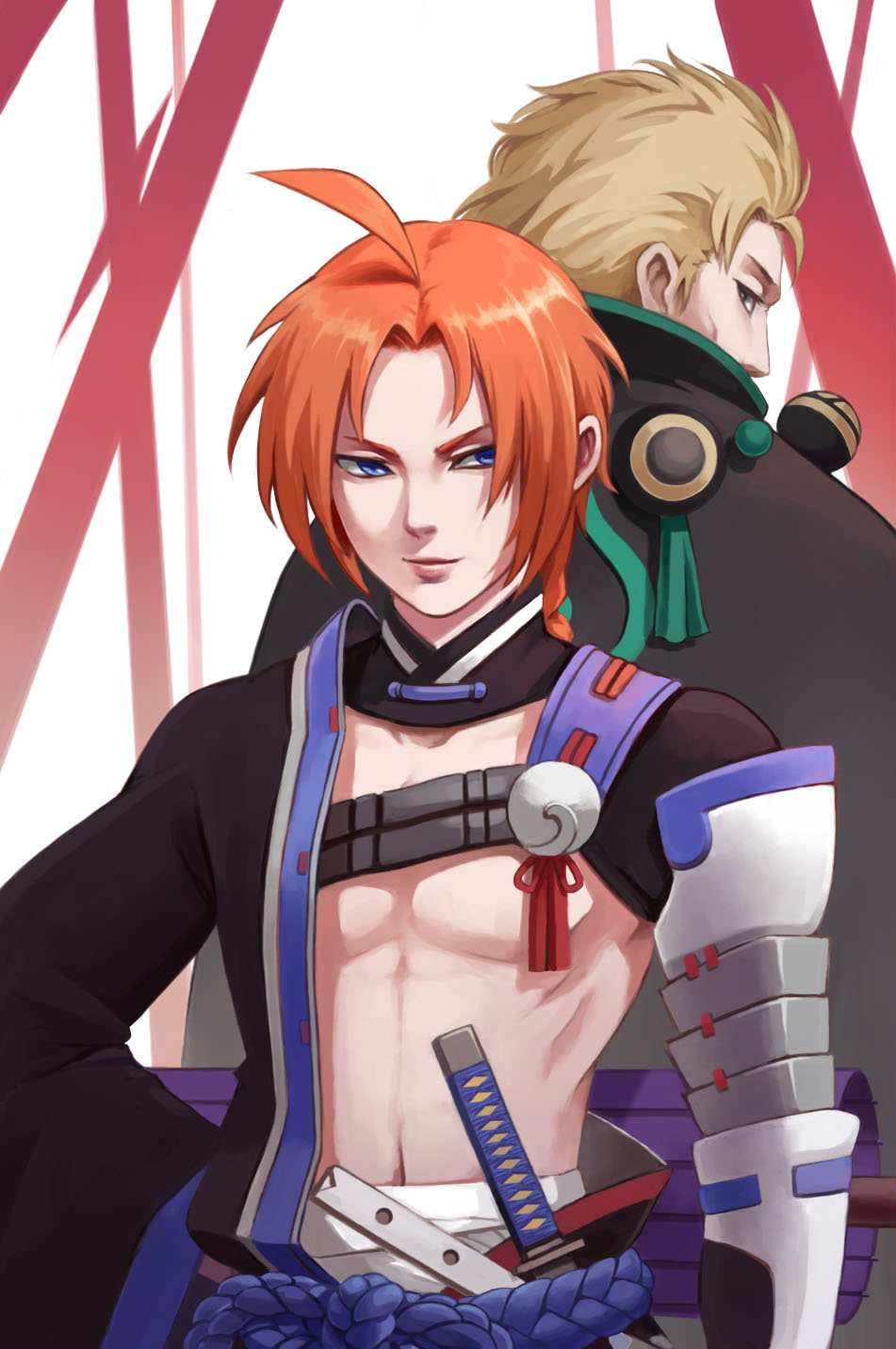2boys, abuto, ahoge, arm_at_side, armor, back, back-to-back, bandage