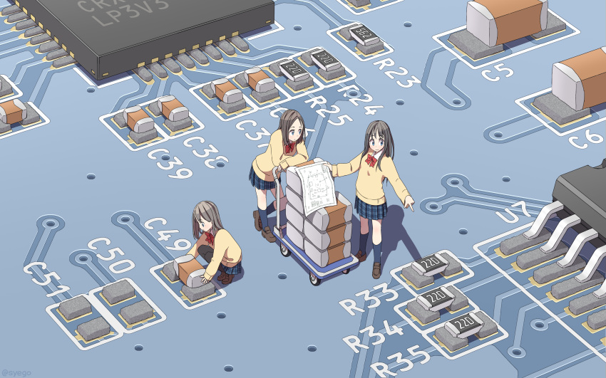 3girls, absurdres, bangs, black_hair, black_legwear, blue_eyes, blue_skirt, bow