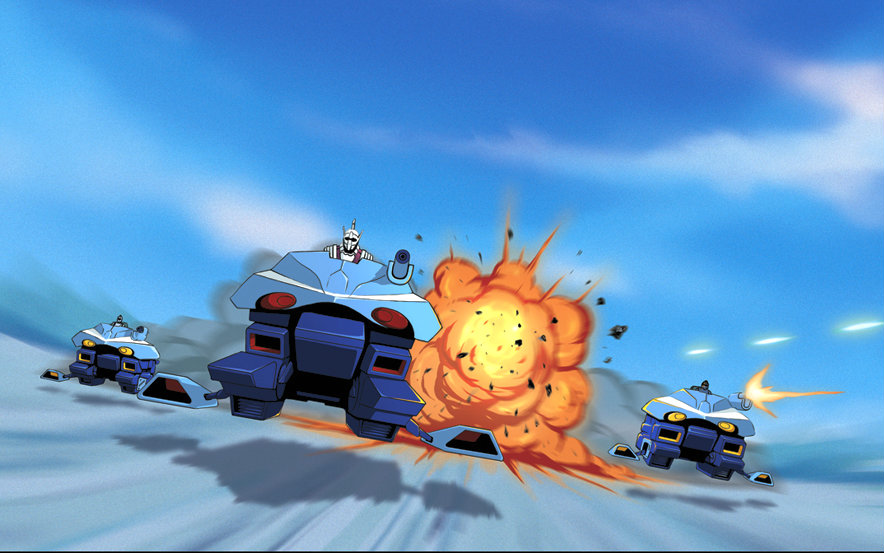 1girl, 2boys, armor, army, atac, battle, beam_rifle, bowie_emerson, choujikuu_kidan_southern_cross, clouds, energy_beam, energy_gun, explosion, fake_screenshot, firing, fleet, floating, ground_vehicle, gunpod, helmet, jeanne_francaix, louis_ducasse, mecha, military, military_vehicle, motion_blur, motor_vehicle, multiple_boys, pilot, pilot_suit, science_fiction, smoke, southern_cross, spacesuit, spartas, tank, vulnepro, watercraft, weapon