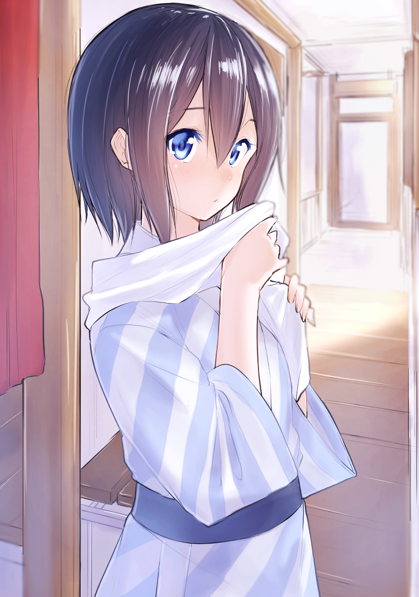 1girl, bath_yukata, black_hair, blue_eyes, blue_yukata, closed_mouth, cowboy_shot, hair_between_eyes, highres, holding_towel, indoors, japanese_clothes, kimono, kyoo-kyon_(kyo-kyon), obi, original, sash, shiny, shiny_hair, solo, standing, striped, striped_yukata, suzunari_shizuku, towel, towel_around_neck, yukata
