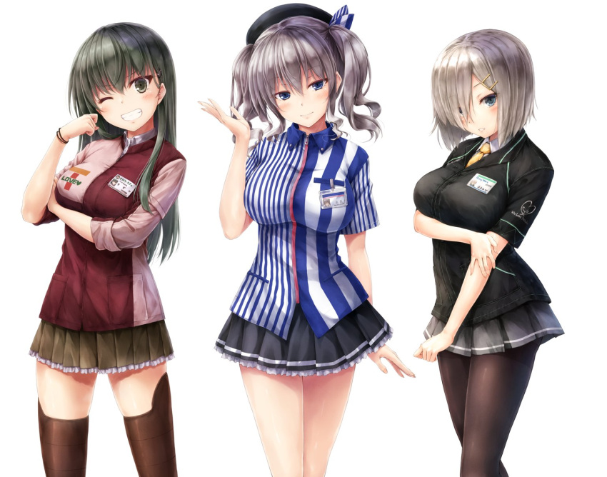 3girls, 7-eleven, alternate_costume, beret, black_jacket, blue_eyes, blush, breast_hold