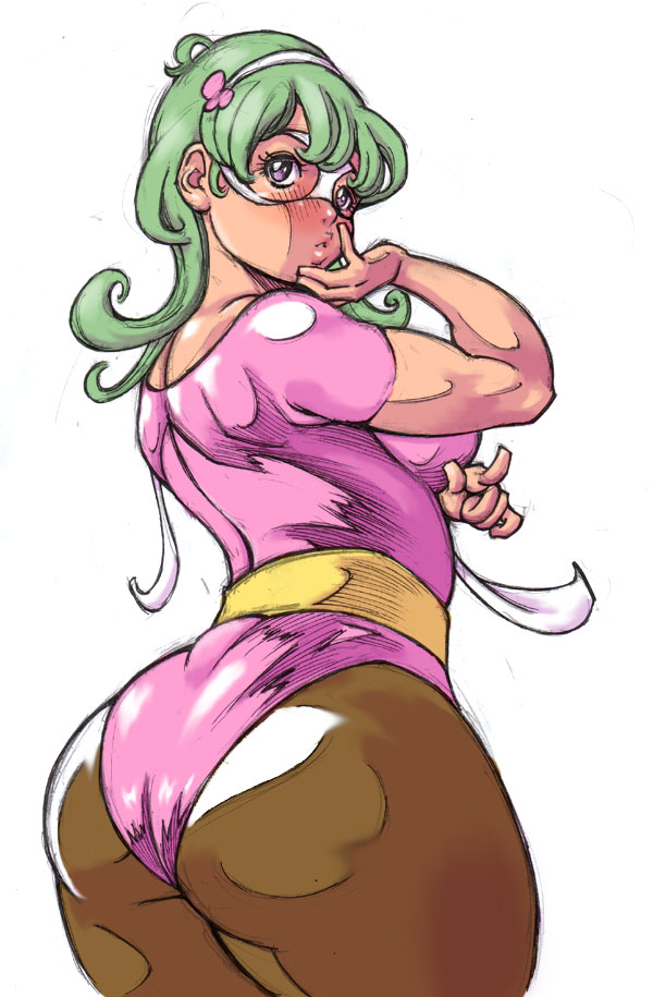 1girl, ass, blush, bow, breasts, curvy, green_hair, hair_bow, leotard, long_hair, looking_at_viewer, looking_back, millefeuille, pantyhose, parted_lips, simple_background, solo, thick_thighs, thighs, violet_eyes, white_background, wide_hips
